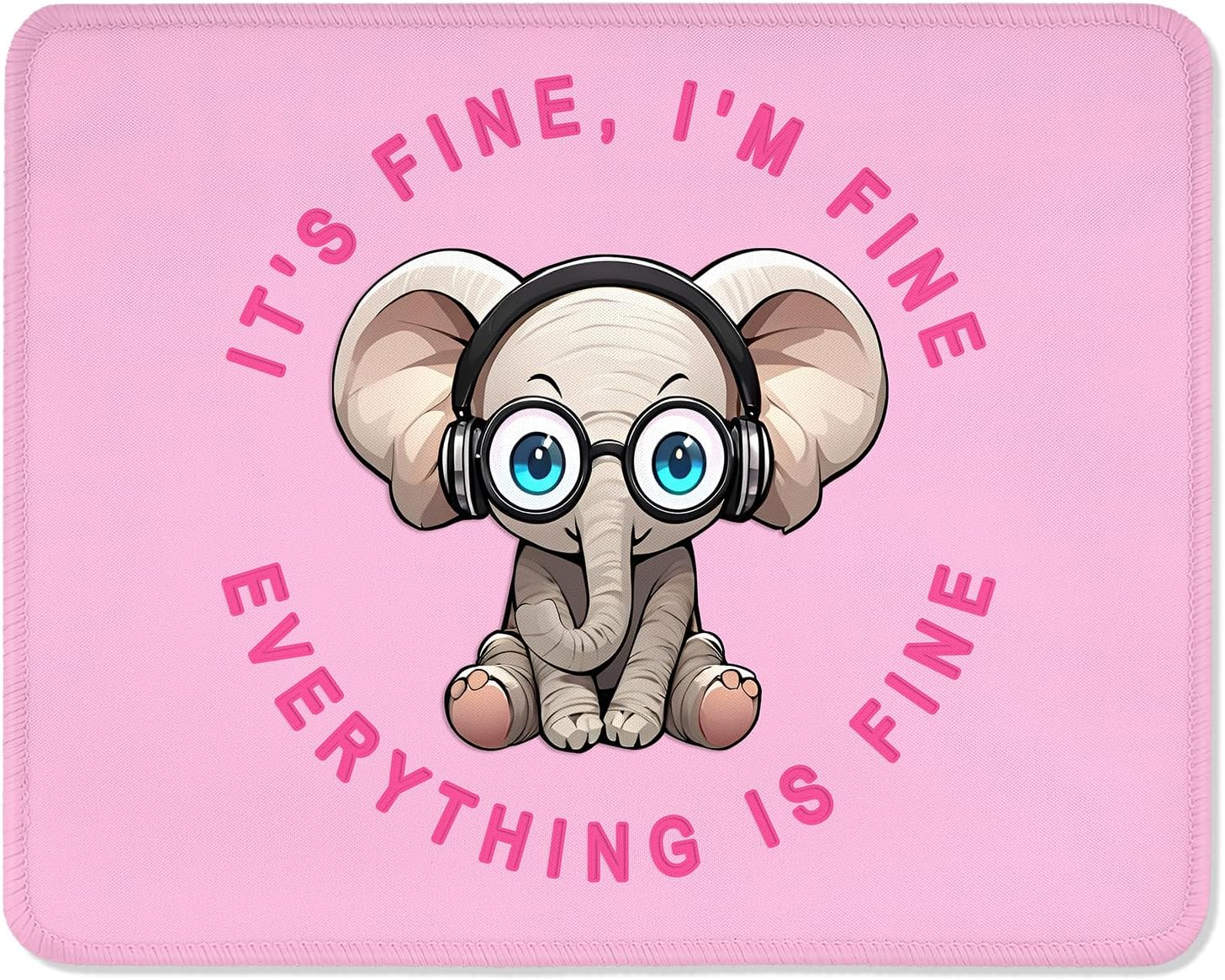 ITNRSIIET Mouse Pad with Stitched Edge Premium Textured Smooth Precise Operation Waterproof Washable Non-Slip Rubber Base Desktop Protection Mat, 10.2×8.3×0.12 inches, Pink Pretty Elephant
