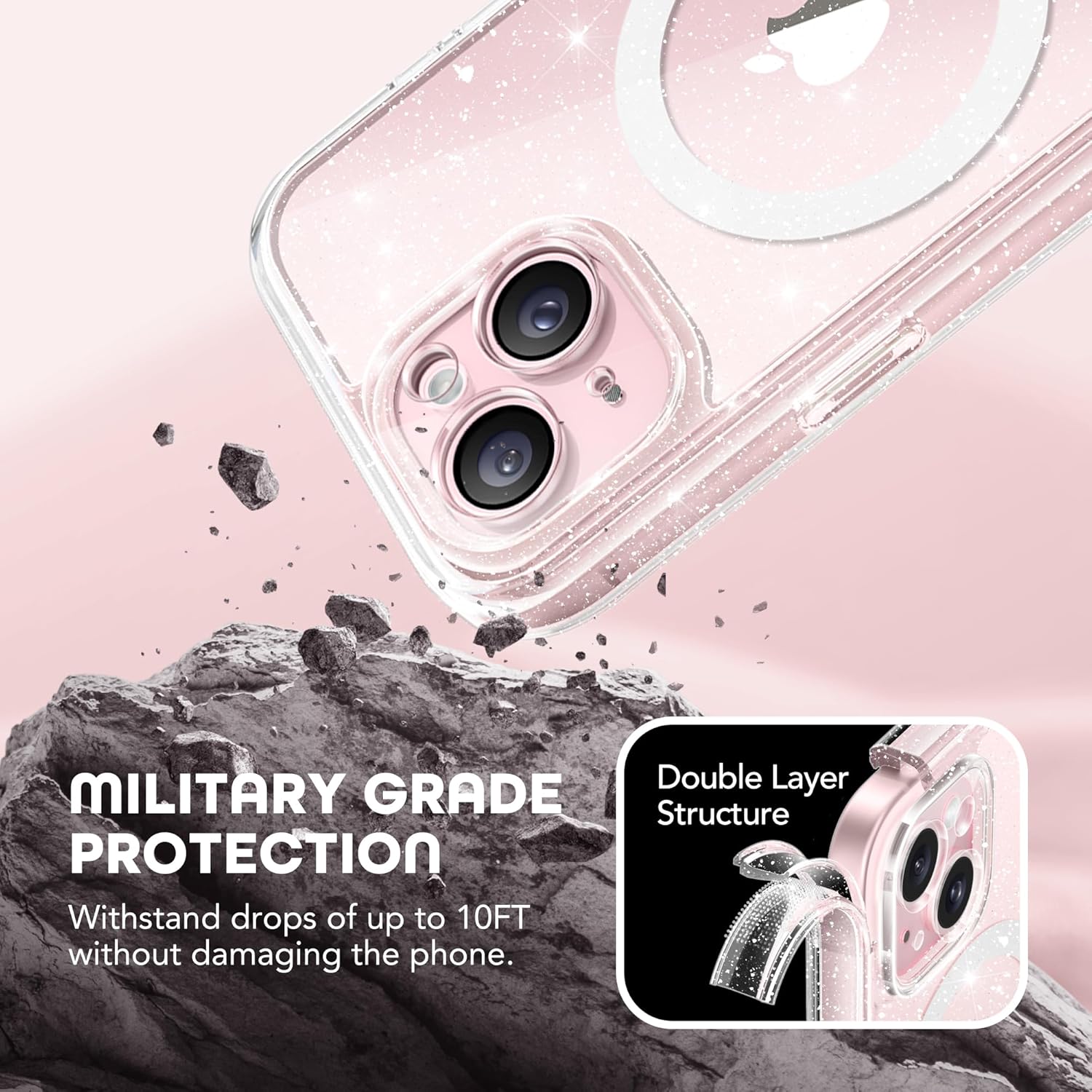 Magnetic for iPhone 15 Case, Compatible with MagSafe, Built-in Privacy Screen Protector and Camera Protection, Anti Spy Full Body Dustproof Shockproof Hard Phone Case 6.1", Shiny Clear