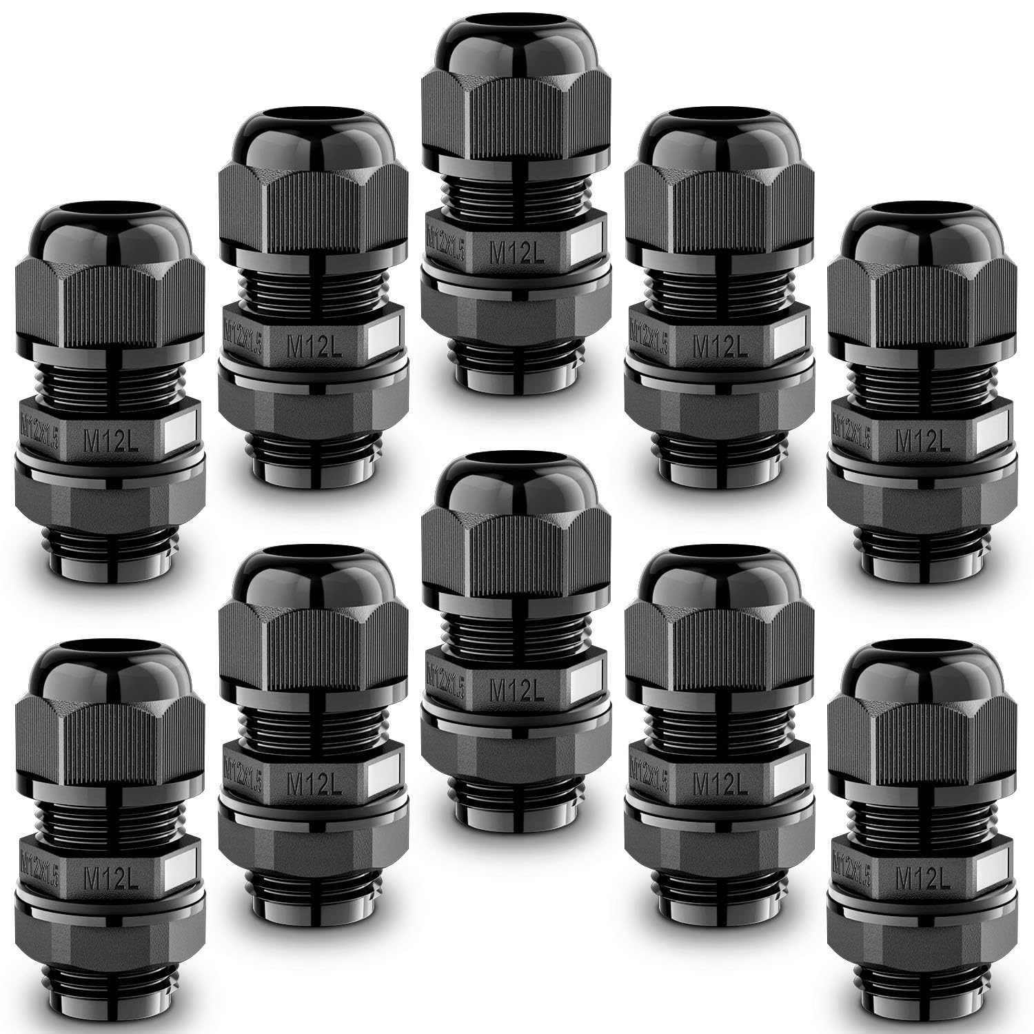 QILIPSU 10pcs M12L Long Thread Cable Gland Waterproof IP68 Nylon Strain Relief Cord Grip Cable Pass Through Wire Connector