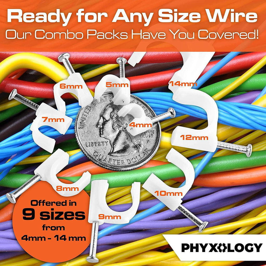 Pro-Grade, Cable Clips with Steel Nails 4mm - 14mm Wire Holders and Tacks in 9 sizes, 100 Per Size. Durable, UV Resistant Plastic Clips Help Organize Coax, Ethernet, Cat5, Cat6 and Other Cords.