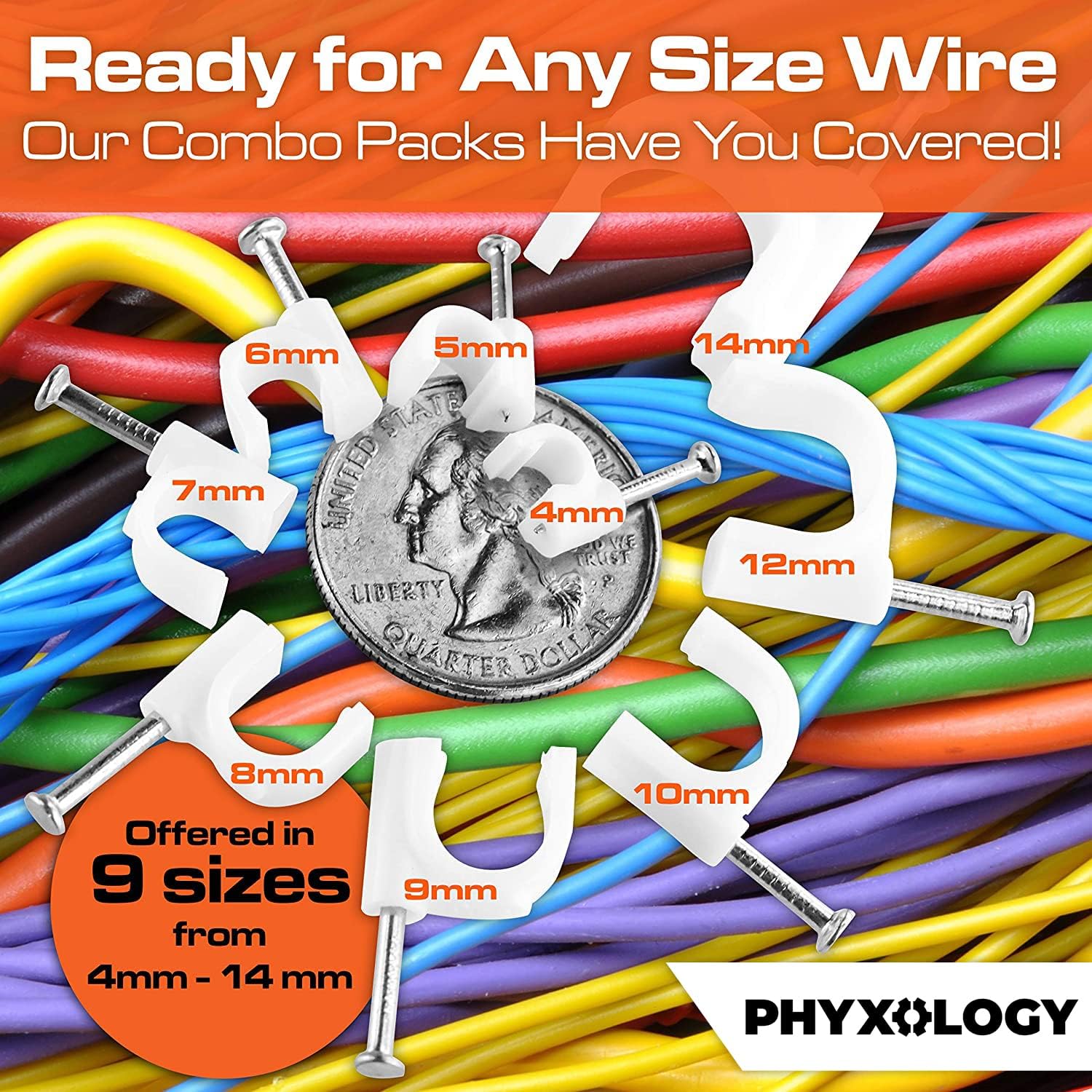 Pro-Grade, Cable Clips with Steel Nails 4mm - 14mm Wire Holders and Tacks in 9 sizes, 100 Per Size. Durable, UV Resistant Plastic Clips Help Organize Coax, Ethernet, Cat5, Cat6 and Other Cords.