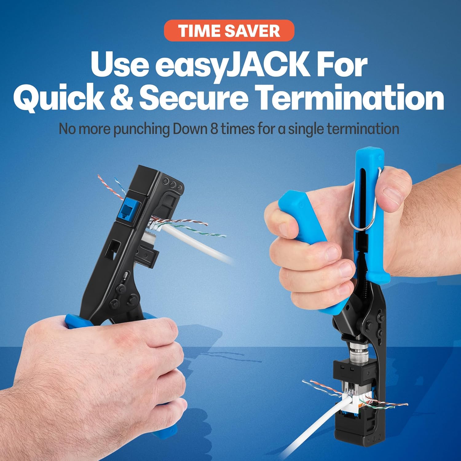 Everest easyJACK - 90° Angled Speed Termination Keystone Tool Set - with 20-Pack of RJ45 Slim Profile Cat6 Keystone Jacks (10 Blue & 10 White) - Time Saver Network Cat6 Punchdown Tool