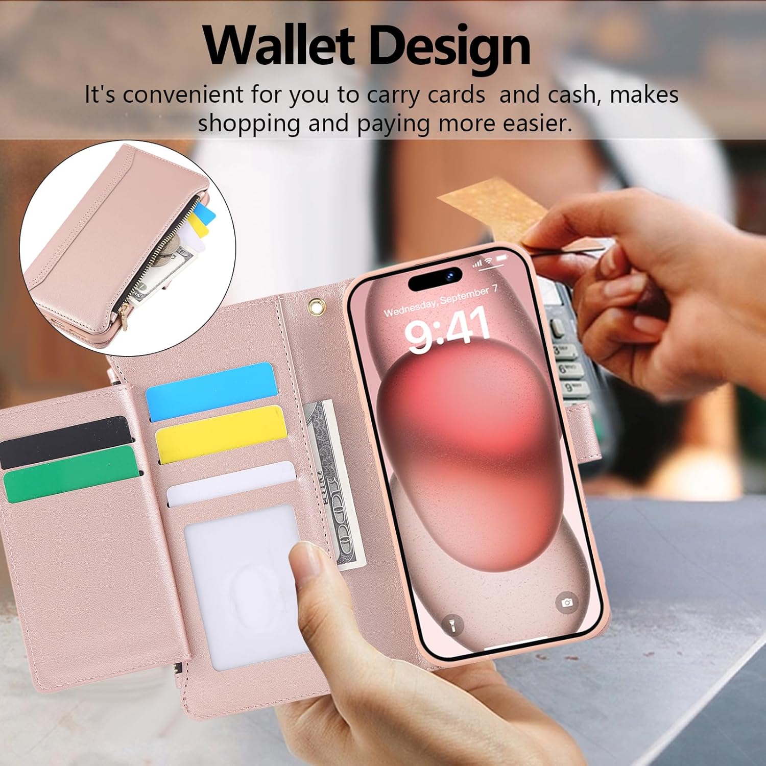 Compatible with iPhone 14 Pro Wallet Phone Case-PU Leather Magnetic Flip Cover with Credit Card Slots,Zipper Pocket & Detachable Wrist Strap,Shockproof Design,for Women and Men-Pink