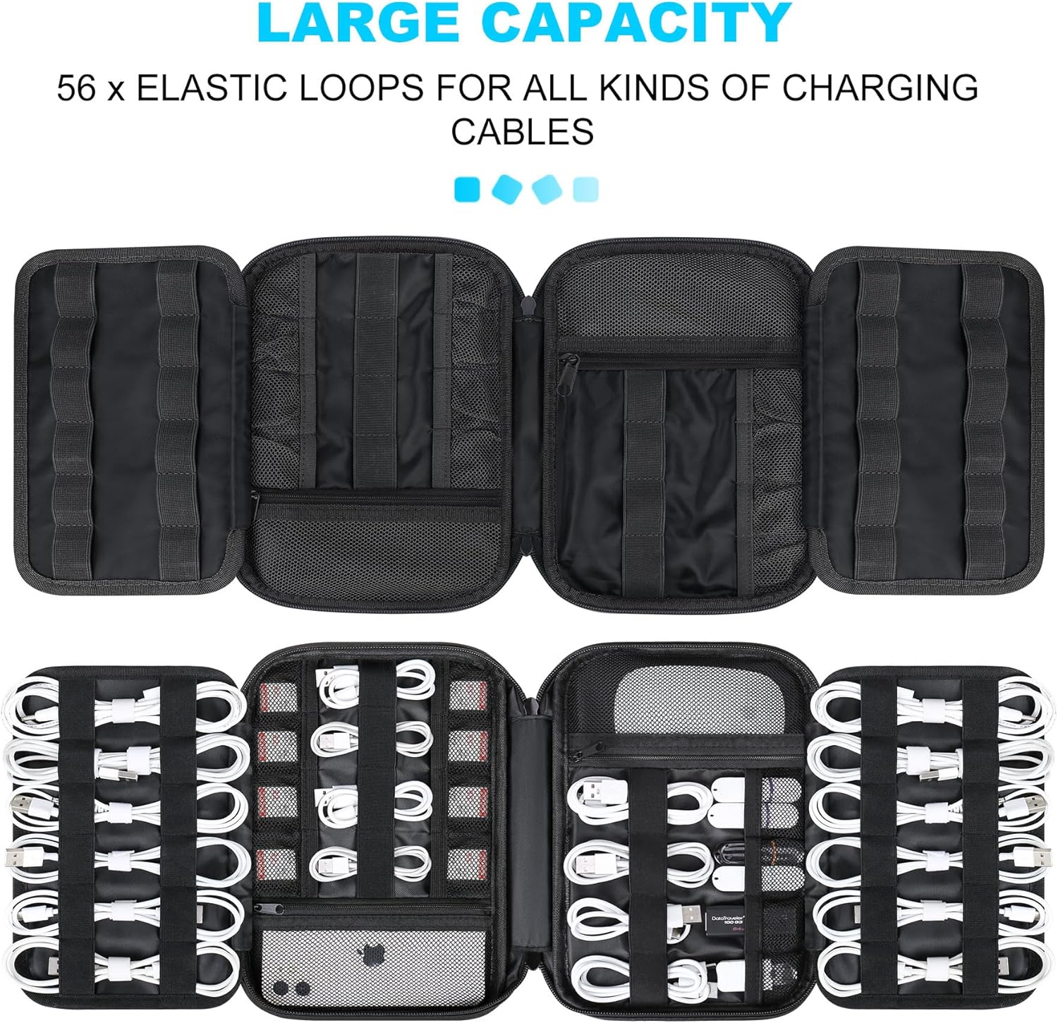 Lacdo Cord Organizer Travel, Cable Organizer Bag Case, Portable Electronics Organizer Travel Case, 6 Layer Large Capacity Charging Cords Storage organizer for Cables, SD Card, Travel Essentials, Black