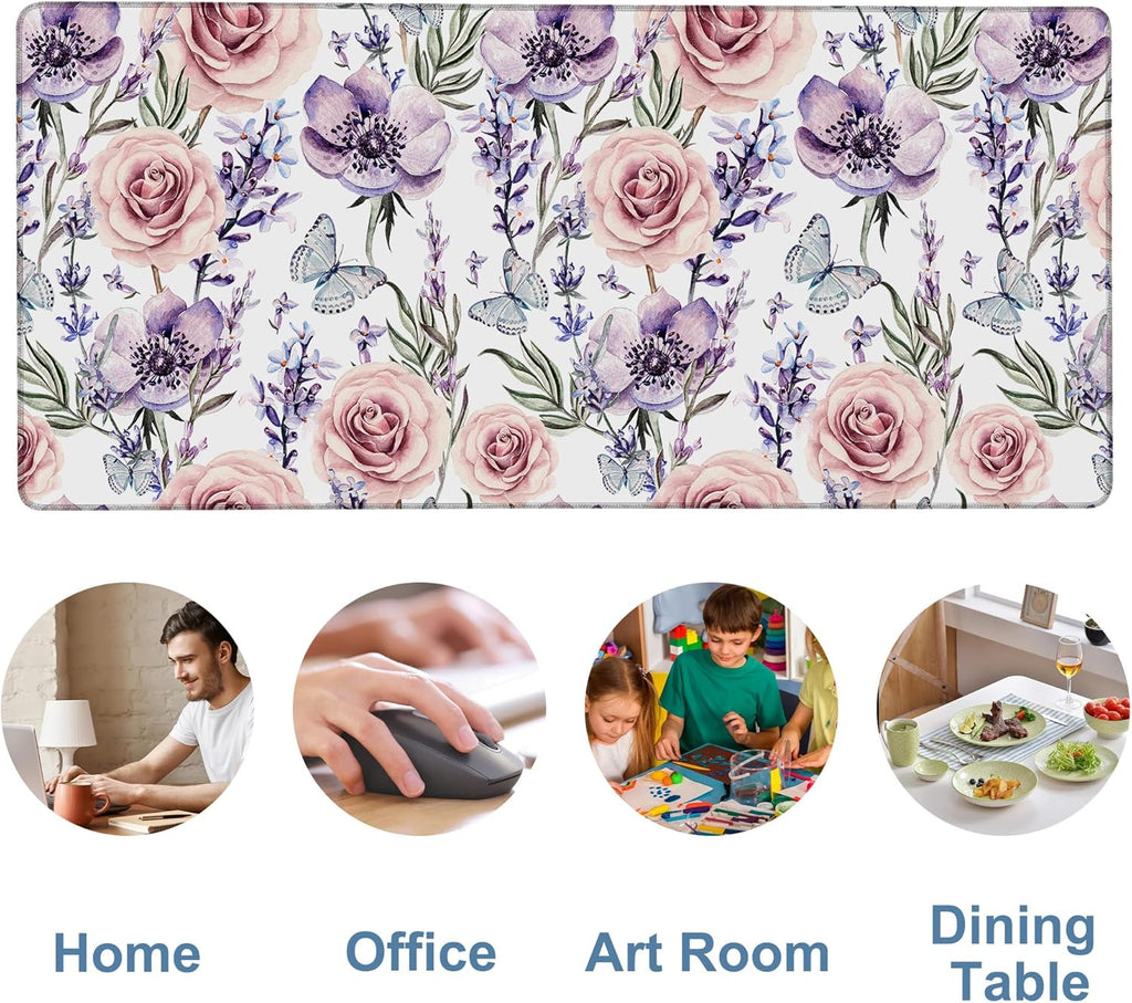Gaming Desk Pad Large Extra Length Lavender, Roses and Anemone Mouse Pad Keyboard Laptop Non-Slip Waterproof with Rubber Base Thick Stitched Edge Mouse Mat for Office Home 35.4 x 15.7 Inches