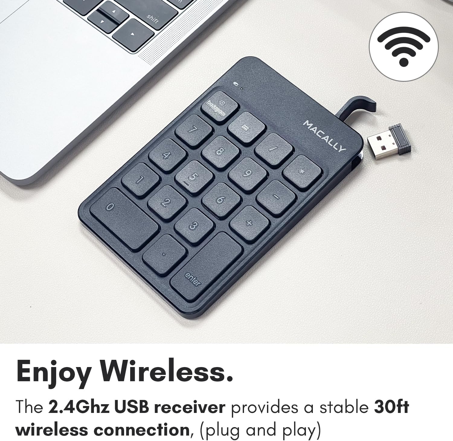Macally Wireless Number Pad | Numeric Keypad | Wireless 10 Key for Laptop PC Computer Notebook Surface Chrome (2.4G USB) Perfect for Data Entry Numpad Number Keyboard