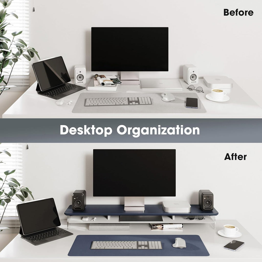 Fenge Acrylic Monitor Stand Riser, 42.5 Inches Dual Monitor Stand with Metal Storage, 2 Tier Acrylic Computer Riser for Desk, Clear Laptop Stand for PC, Laptop, Printer, TV, Blue