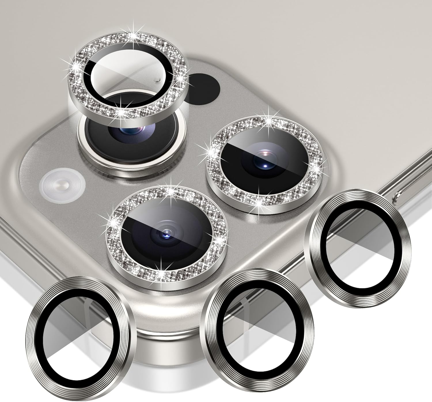 AGVEE 3+3 6 Pack for iPhone 16 Pro 6.3" / 16 Pro Max 6.9" Camera Lens Cover Protector, Bling Glitter & CD-Textured Metal Ring 9H Tempered HD Glass Camera Cover Protector Film, Glitter-Natural