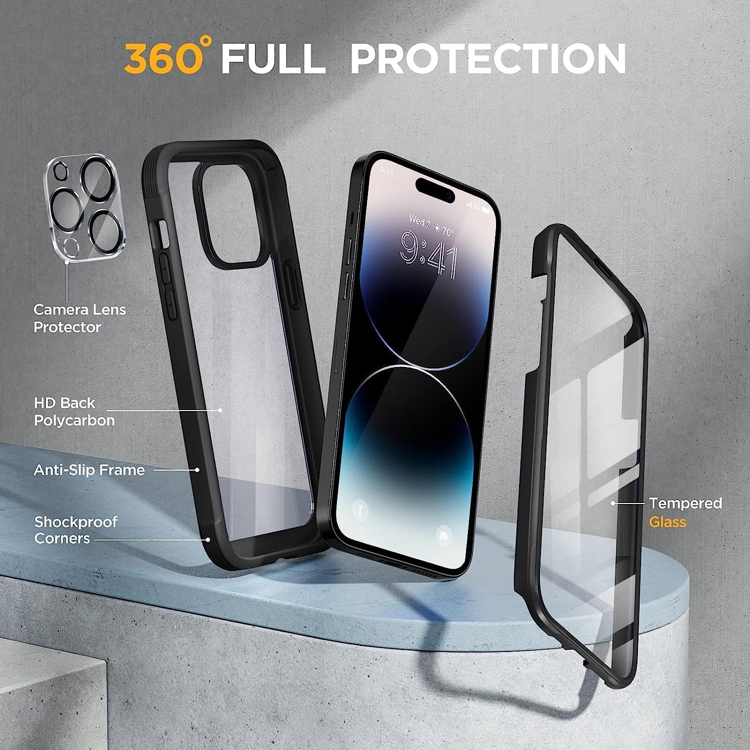 Miracase Glass Series Compatible with iPhone 14 Pro Case 6.1 Inch, Full-Body Clear Bumper Case with Built-in 9H Tempered Glass Screen Protector, with Camera Lens Protector, Black