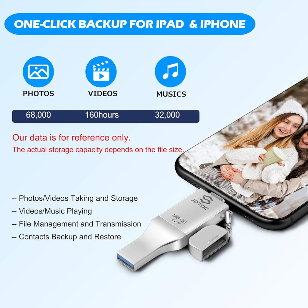 JSL JDTDC 128GB Apple MFi Certified iPhone-Photo-Stick, 3 in 1 USB C Photo-Stick-for-iPhone-USB-Flash-Drive Memory-Stick JD Thumb Drive iPhone Backup Stick for iPhone 16 15 14 13 12 iPad Android PC