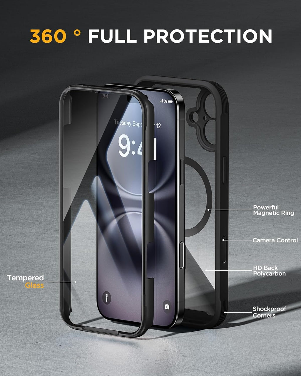 Miracase Magnetic for iPhone 16 Plus Case Full-Body Phone with Built-in Glass Screen Protector, [Compatible with MagSafe] Military Drop Proof 16 Plus Cover Bumper 6.7 inch, Black