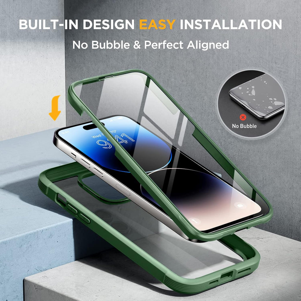 Miracase Glass Series for iPhone 14 Pro Case 6.1 Inch, Full-Body Clear Bumper Case with Built-in 9H Tempered Glass Screen Protector, with Camera Lens Protector, Acacia Green