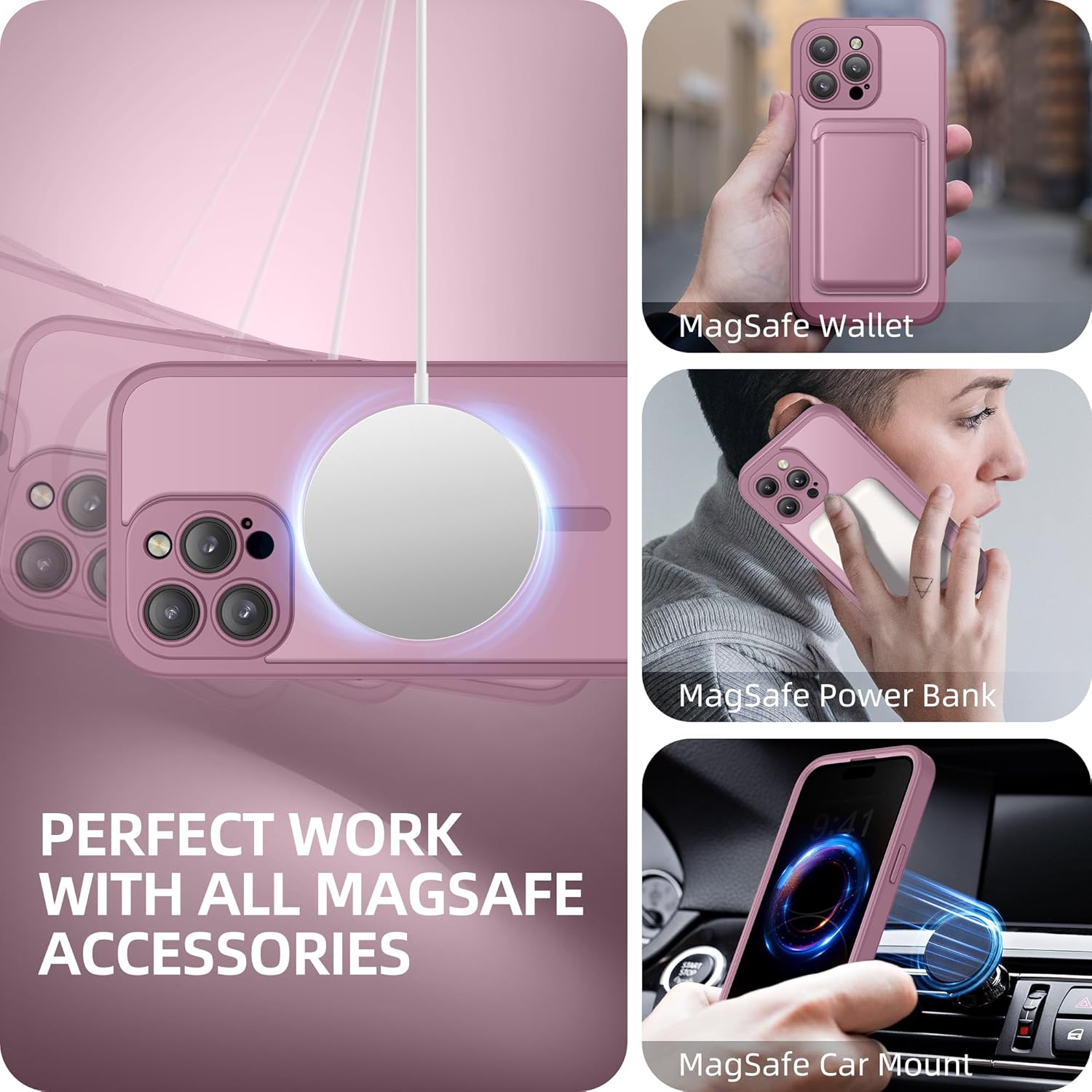 BERFY Magnetic for iPhone 14 Pro Max Case,Compatible with MagSafe,Built-in Privacy Screen Protector and Upgraded Camera Protection,Anti-Spy Full Body Shockproof Phone Case for 14 Pro Max,Palevioletred