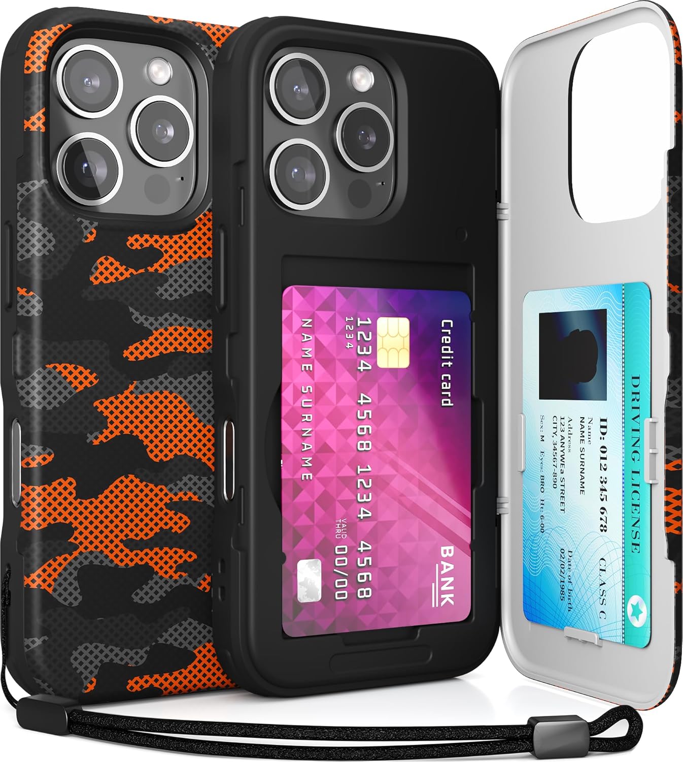 TORU CX Slim for iPhone 16 Pro Case Wallet | Protective Shockproof Heavy Duty Cover with Hidden Card Holder & Card Slot | Mirror & Wrist Strap Included - Camouflage