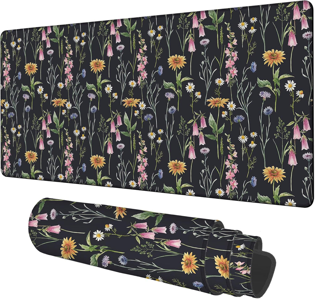 Large Mouse Pad Field Flowers Gaming Desk Pad Computer Keyboard Non-Slip Waterproof Mouse Mat with Rubber Base and Stitched Edges Entertainment Office Writing Desk Mat 35.4 x 15.7 Inches