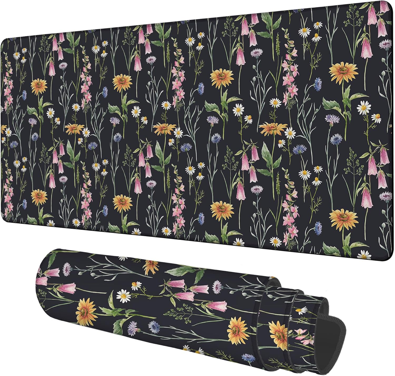 Large Mouse Pad Field Flowers Gaming Desk Pad Computer Keyboard Non-Slip Waterproof Mouse Mat with Rubber Base and Stitched Edges Entertainment Office Writing Desk Mat 35.4 x 15.7 Inches