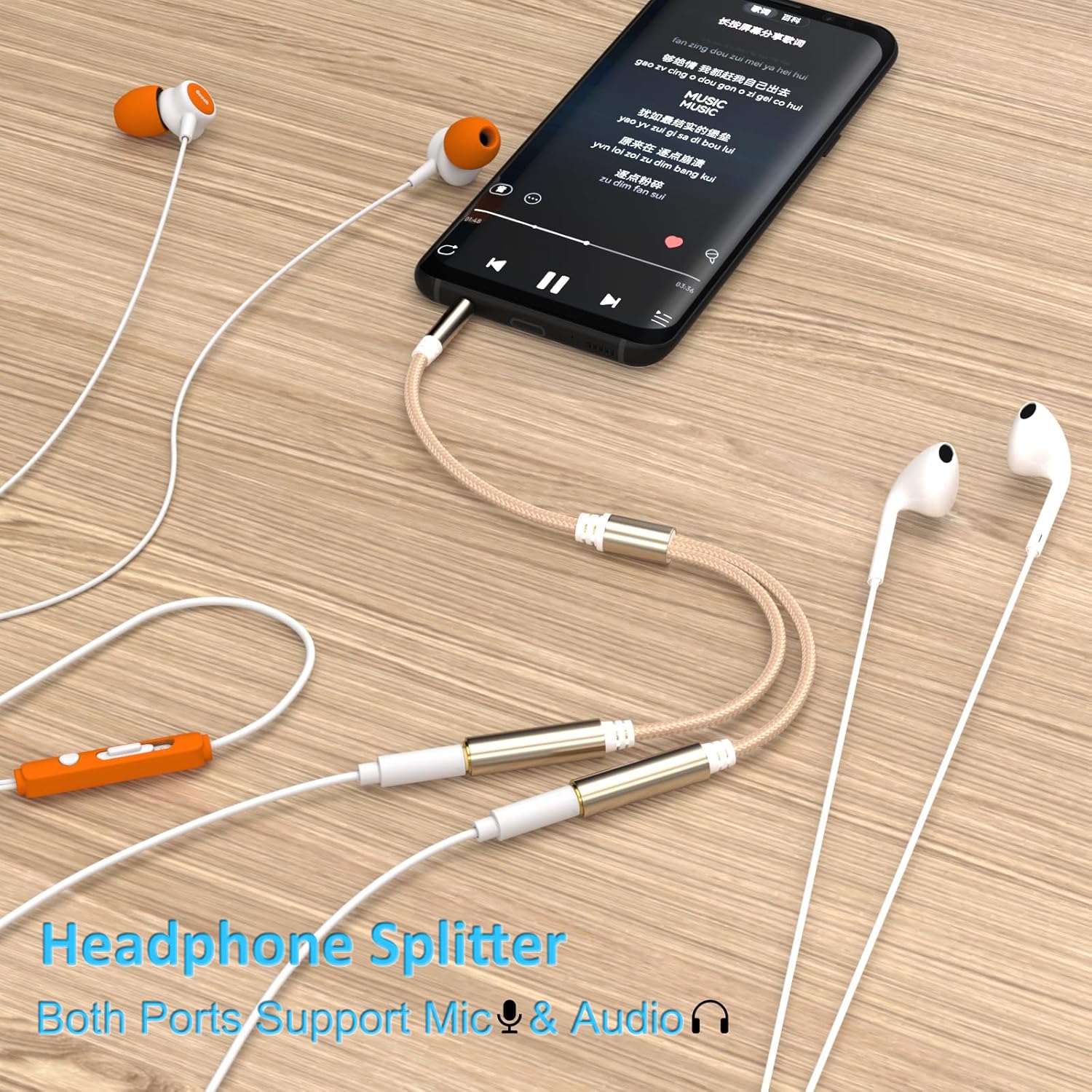 3.5mm TRRS Splitter for 2 Headphones 1FT 2-Pack, Audio & Mic, 3.5 mm Aux Jack Cable 1 in 2 out, Dual 1/8" Stereo Female Adapter, Double Headset Split Y Cord 2 Way for Phone/Tablet/Laptop/PC/MP3, Gold