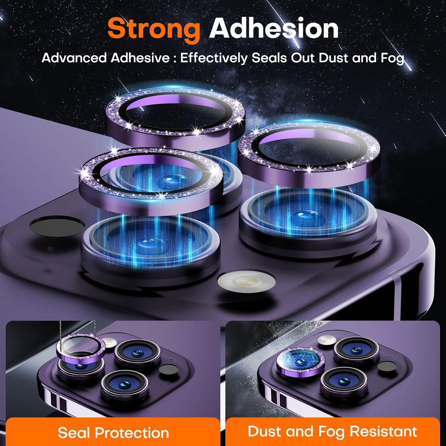 Camera Lens Protector for iPhone 16 Pro Max/16 Pro/15 Pro Max/15 Pro/14 Pro Max/14 Pro, Sapphire Glass Metal Individual Camera Cover Screen, Anti-drop, Case Friendly- Glitter Deep Purple