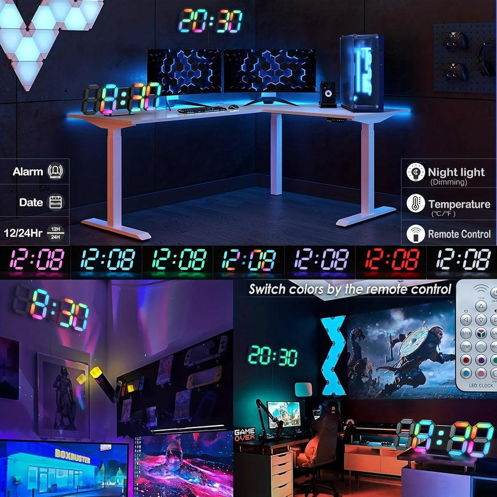 KOSUMOSU LED Digital Clock Neon Clock 9.7" Black Gaming Clock RGB LED Wall Clock for Living Room Desk Clock Large Display Clock for Bedroom, Black Clock with Dimming