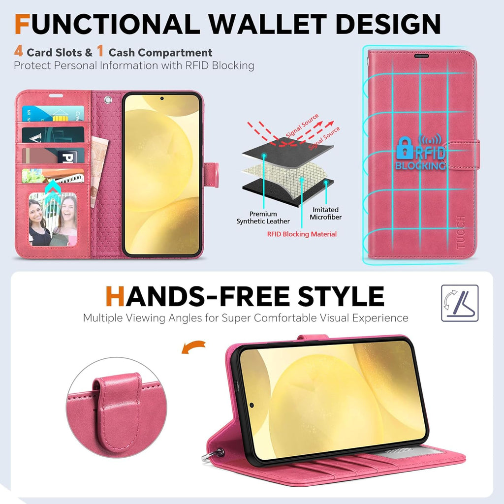TUCCH Case for Galaxy S25, [Detachable] 2 in 1 Magnetic PU Leather Wallet Case Wrist Strap RFID Blocking [Wireless Charging] 4 Card Holders Stand Removable Flip Folio Cover for Galaxy S25, Hot Pink