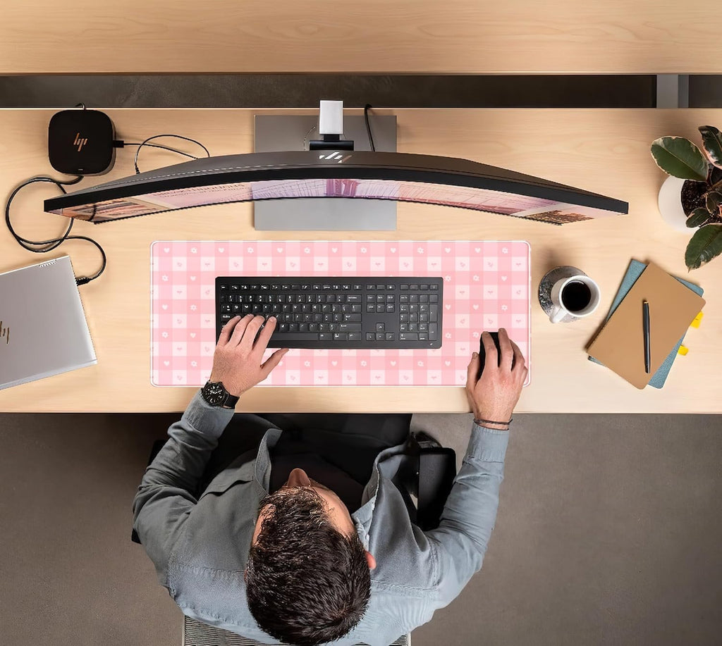 Pink Minimalist Gingham Floral Desk Mat Gaming Mouse Pad Large Cute Pastel Desk Pad Deskmat Kawaii, Women Office Desk Cover Mat, Laptop Computer Keyboard Mat Mousepad Desk Accessories 31.5"x11.8"