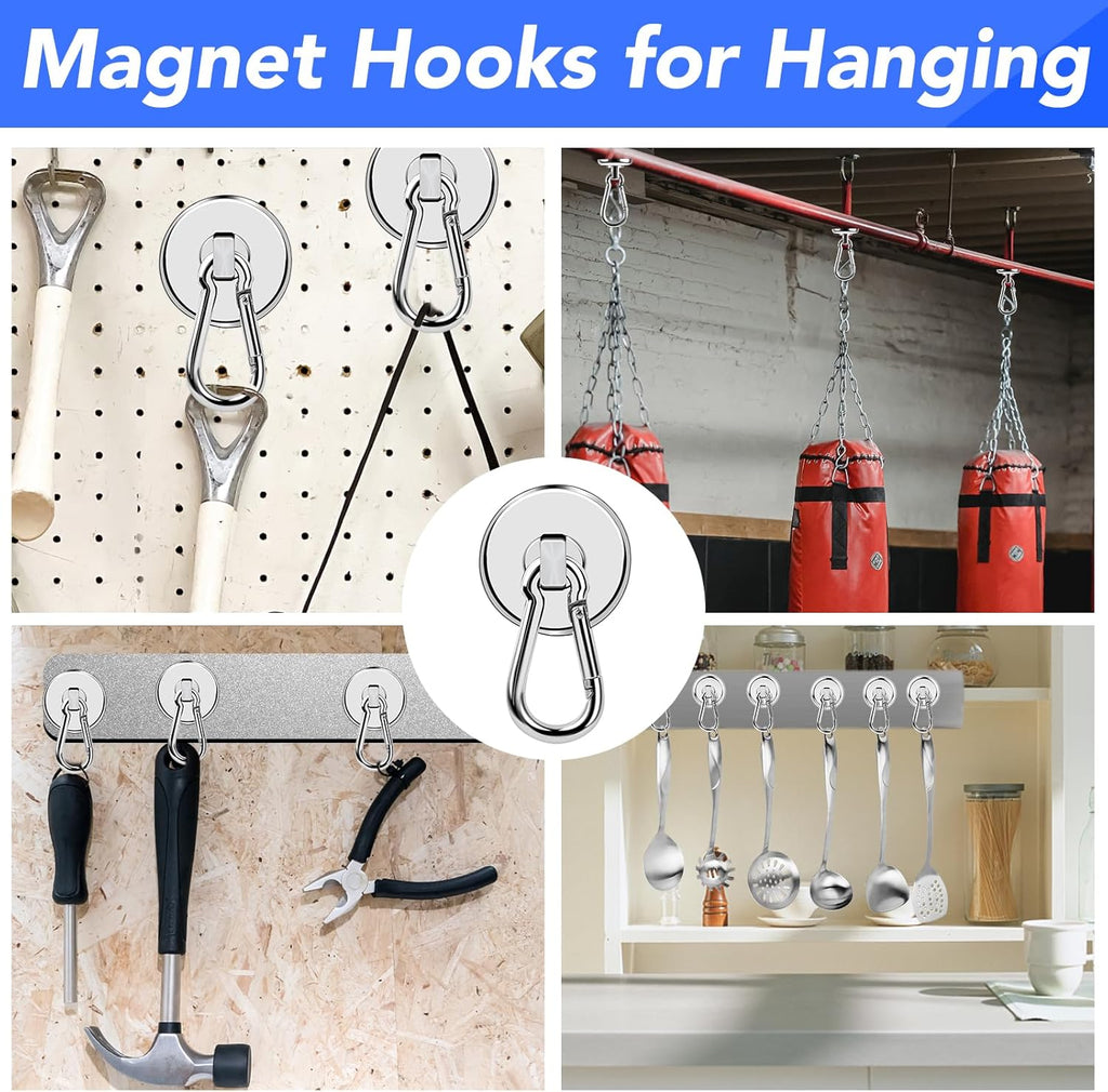 LOVIMAG Strong Magnetic Hooks, 70LBS Heavy Duty Magnet Hooks Strong Neodymium Magnets with Carabiner Hook, Hook Magnets with Swivel for Hanging, Cruise, Grill, Kitchen, Refrigerator - 12 Pack