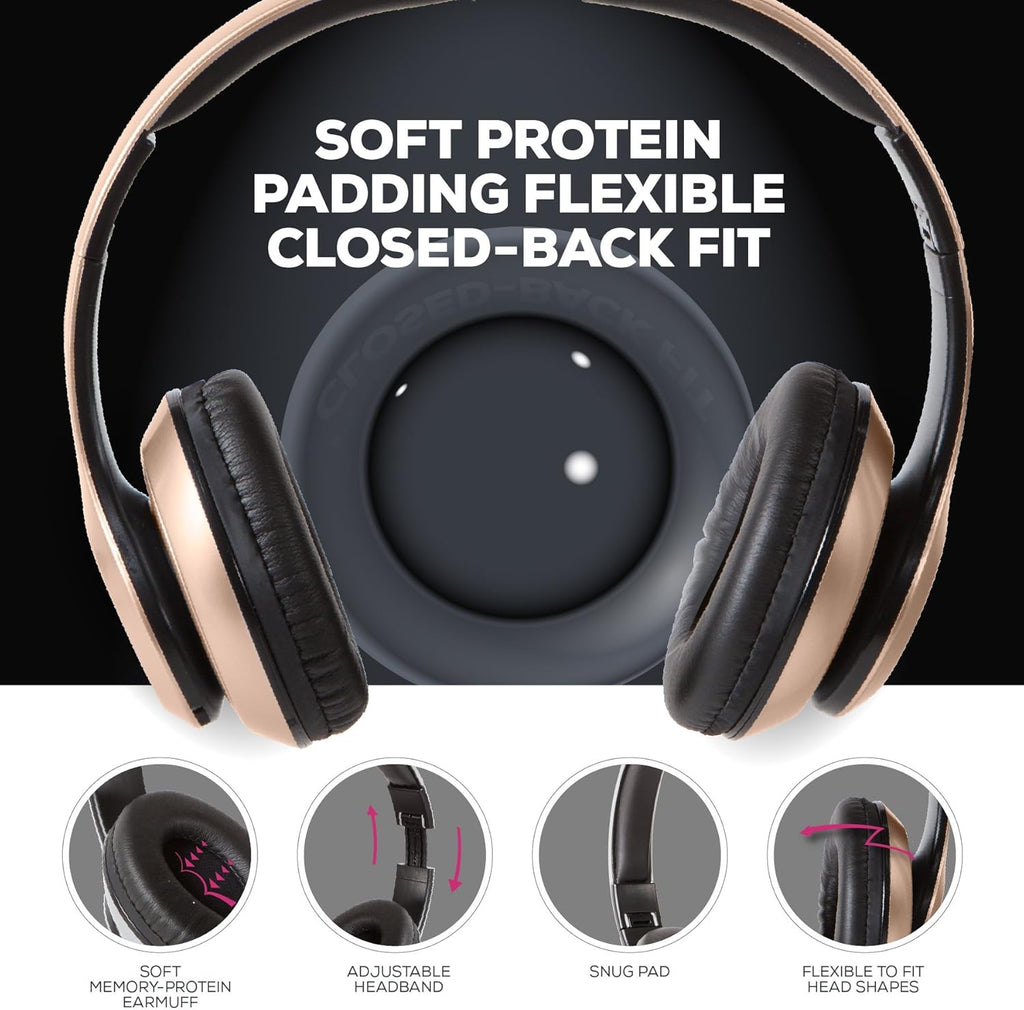 iJoy Bluetooth Headphones Over Ear, Wireless and Wired Foldable Headset Built-in Microphone, FM, Micro SD Card Slot - (Gold) Adults Kids Men Women