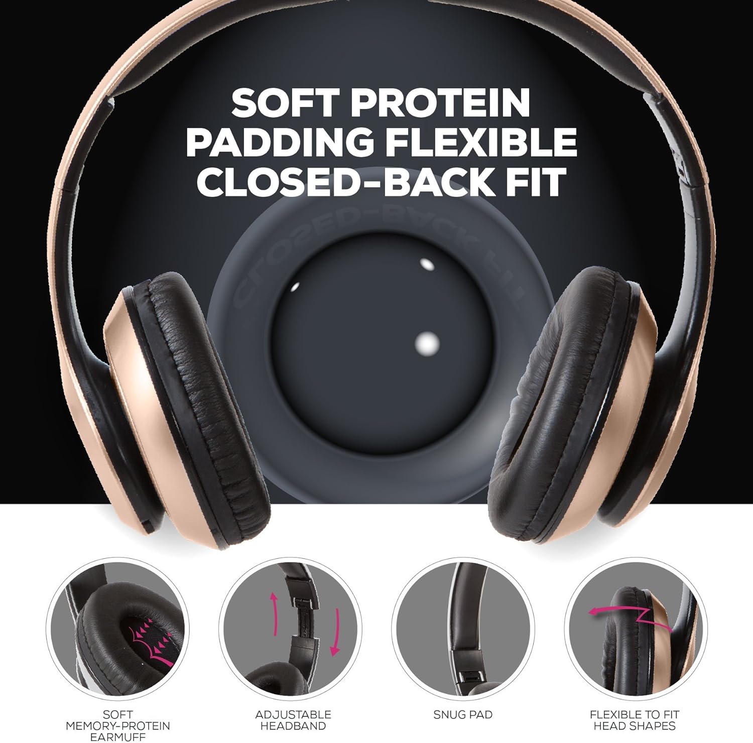 iJoy Bluetooth Headphones Over Ear, Wireless and Wired Foldable Headset Built-in Microphone, FM, Micro SD Card Slot - (Gold) Adults Kids Men Women