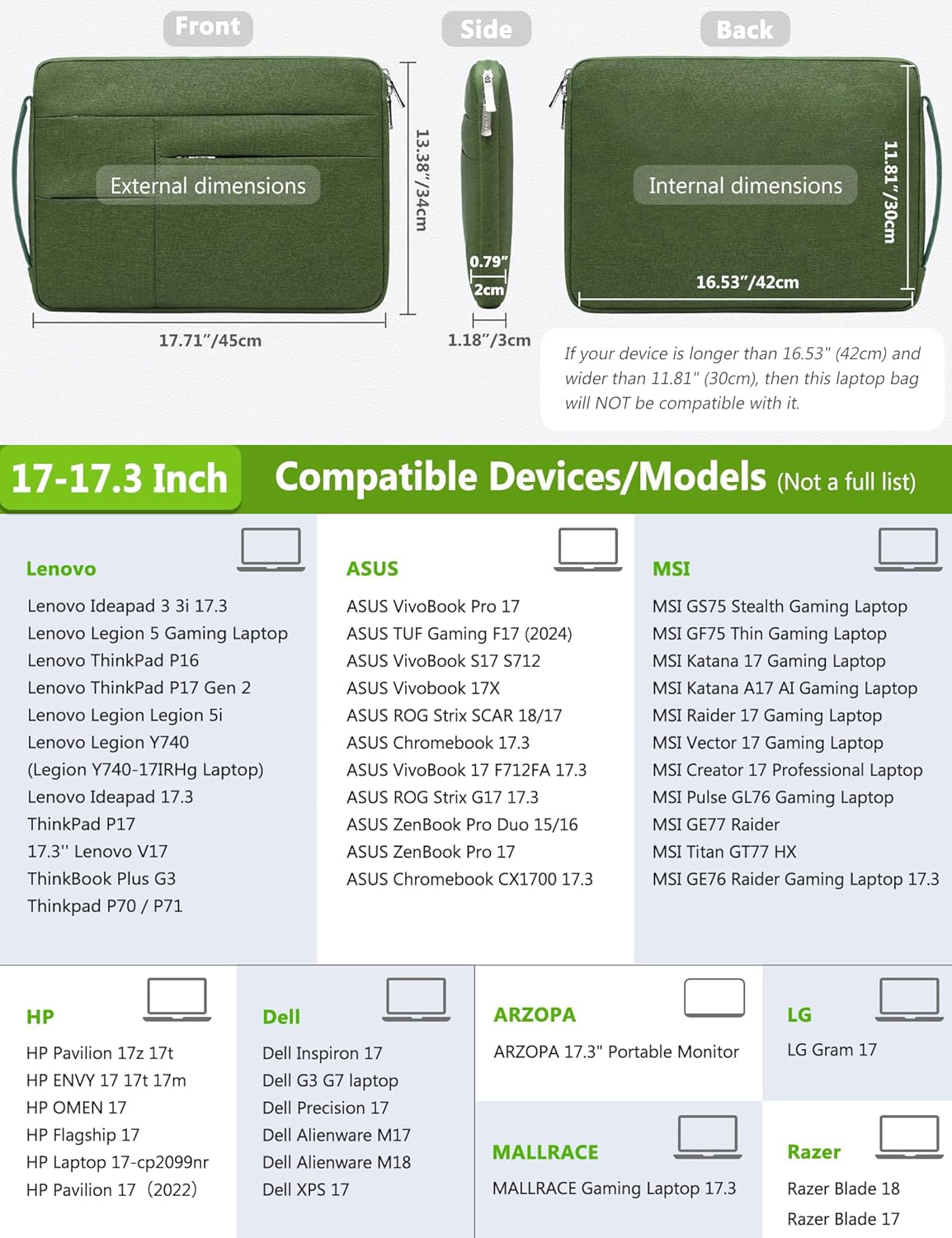 HYZUO 17-17.3 Inch Laptop Sleeve Bag Briefcase for 17" 17.3" HP/Dell/ASUS/Acer/LG/MSI Gaming Laptop/Razer Blade 17/18, Men Women NoteBook Protective Case Bag, Grass Green