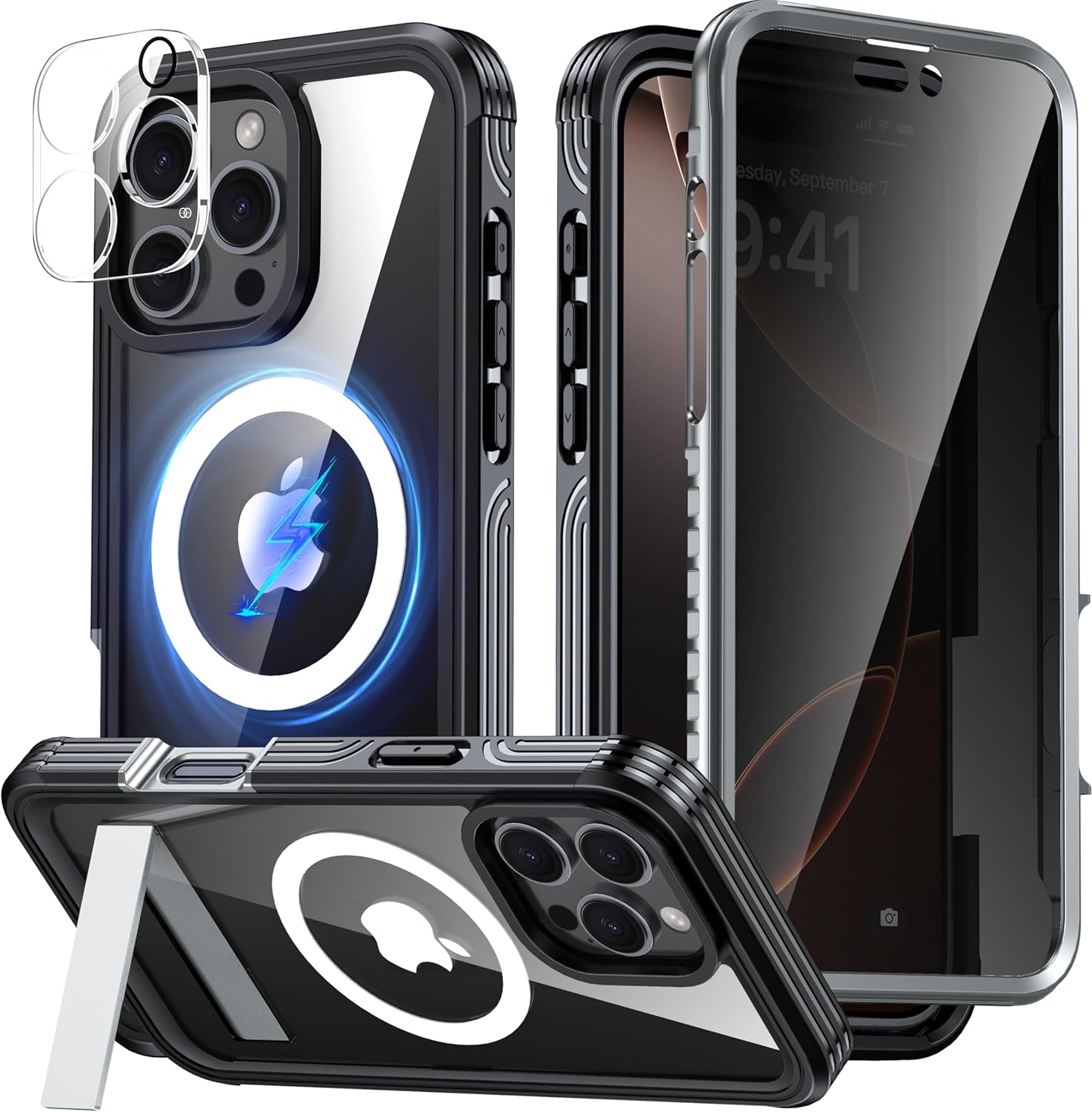 Magnetic & Stand for iPhone 16 Pro Max Case Built-in Privacy Screen Protector[360° Full Body Protection][Fit for Magsafe][Lens Protector] Heavy Duty Shockproof Case for iPhone 16 Pro Max Black