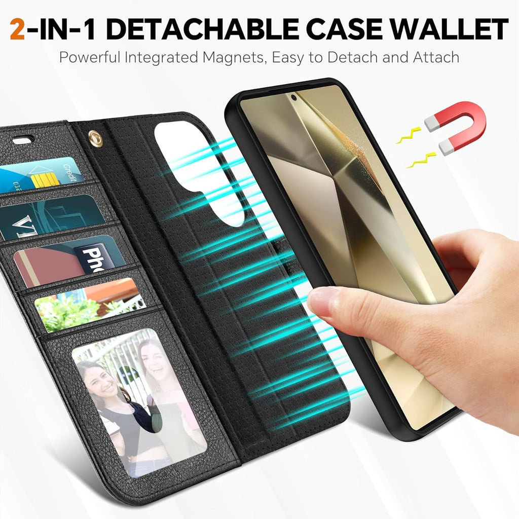 TUCCH Wallet Case for Galaxy S25 Ultra, [Removable] 2 in 1 [Wireless Charging] Wrist Strap RFID Blocking 4 Card Holders Magnetic Detachable Stand PU Leather Cover for Galaxy S25 Ultra, Textured Black
