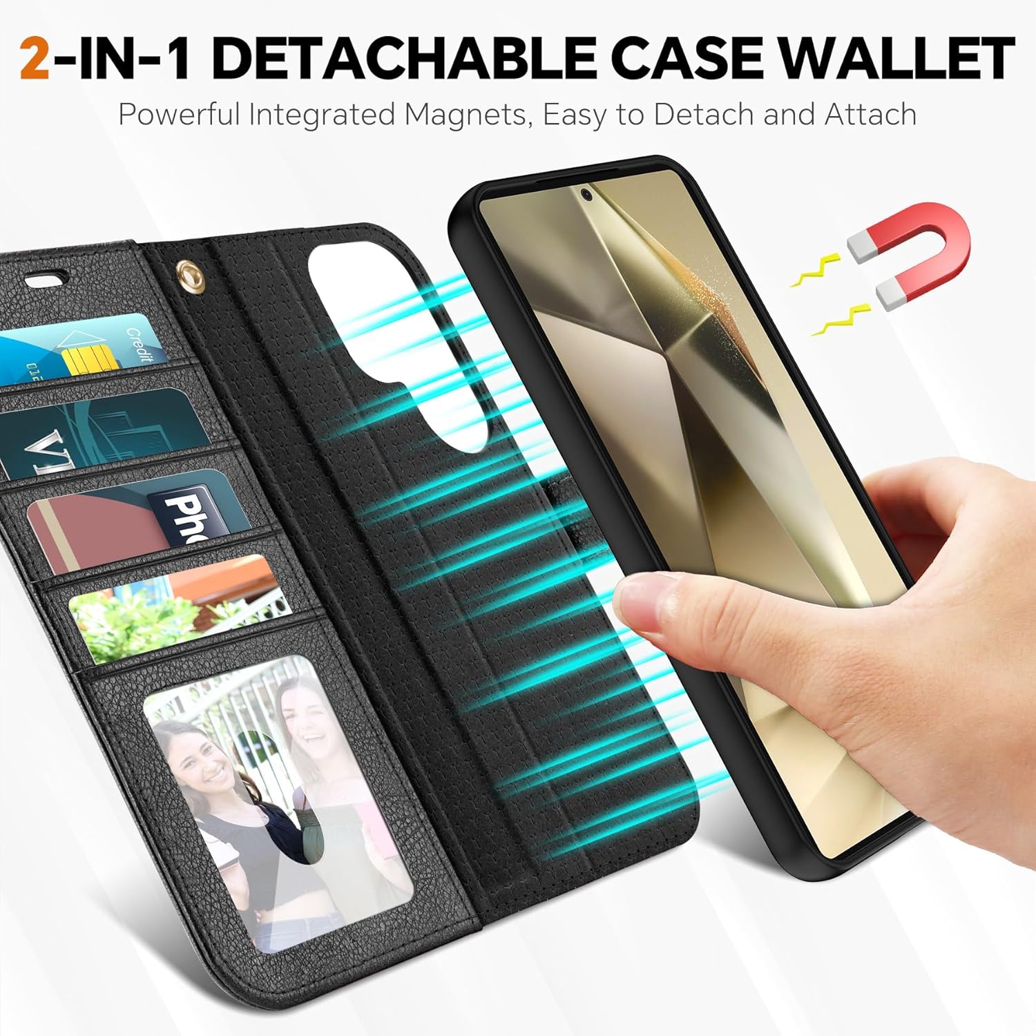 TUCCH Wallet Case for Galaxy S25 Ultra, [Removable] 2 in 1 [Wireless Charging] Wrist Strap RFID Blocking 4 Card Holders Magnetic Detachable Stand PU Leather Cover for Galaxy S25 Ultra, Textured Black