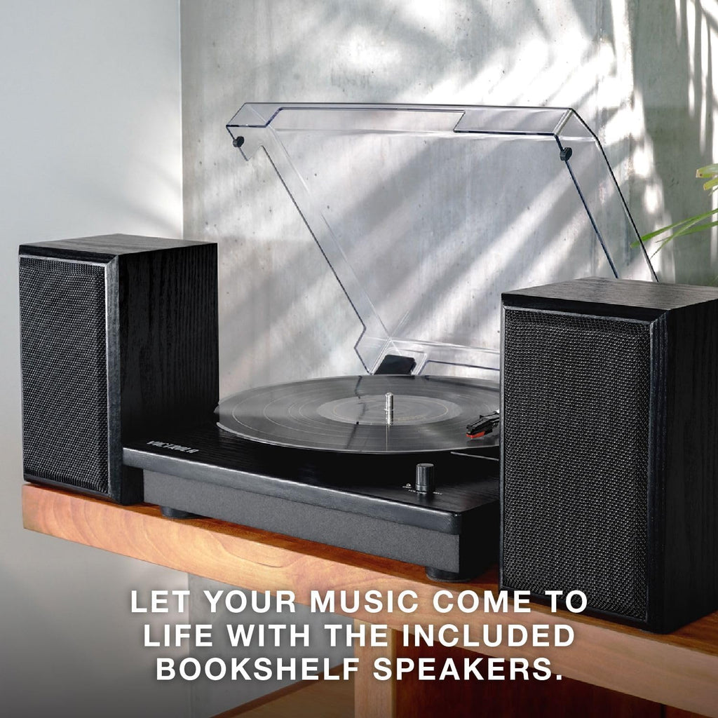 Victrola Montauk Vinyl Record Player, 3-Speed Belt Driven Turntable with Stereo Bluetooth Speaker Pair, RCA Output and 3.5mm Headphone Jack, Removable Dust Cover, Farmhouse Walnut Finish