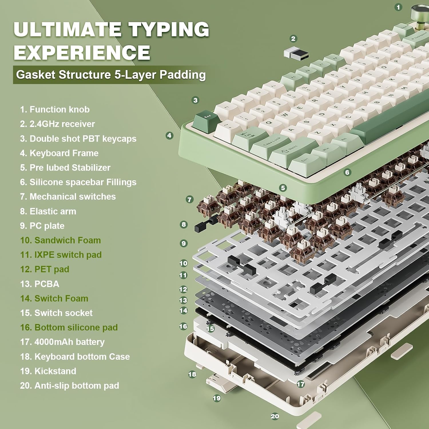 YUNZII B75 PRO Wireless Mechanical Keyboard,75% Layout with Knob,Hot Swap Gasket Structure,Creamy Pre-lubed Switches,RGB Backlit,Bluetooth/Type-C/2.4G for Win/Mac (Matcha Green, Cocoa Cream V2 Switch)