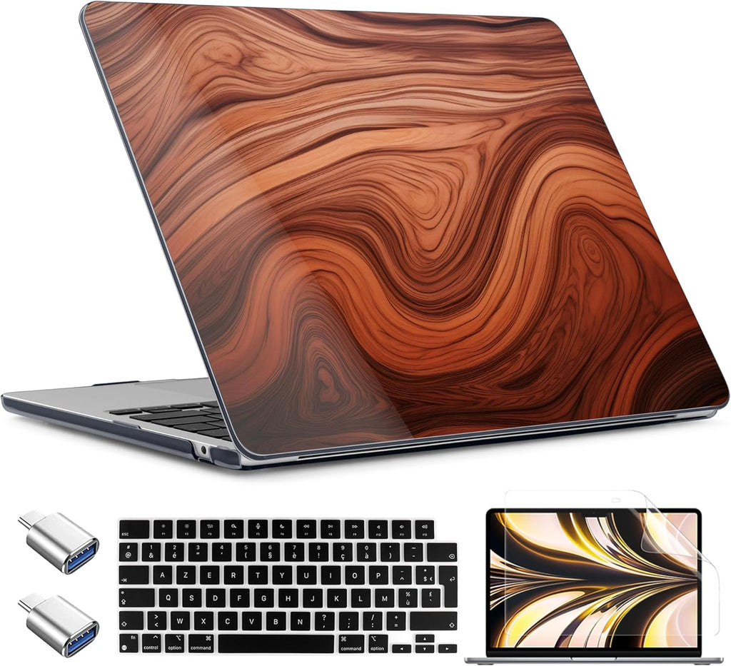 TWOLSKOO Compatible with M4 MacBook Air 15 inch Case 2025-2023 Released Model M4 A3241 M3 A3114 M2 A2941, Plastic Hard Shell & Screen Protector & Keyboard Cover & Type C Adapter, Wood Grain