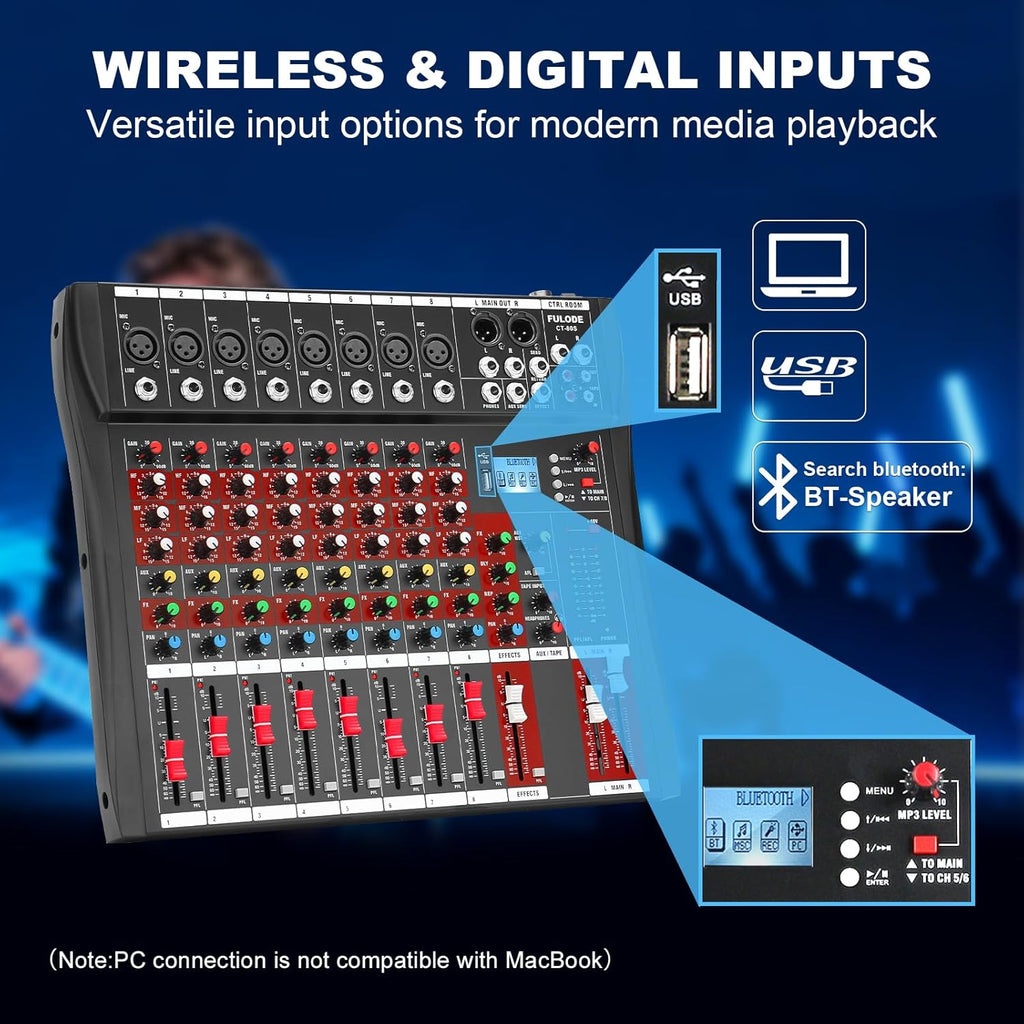 8 Channel Audio Mixer, Professional Music Mixer Board DJ Mixing Console with Bluetooth, USB/MP3 Player, Reverb, and 48V Phantom Power for Studio Recording, Karaoke, and Live Performances