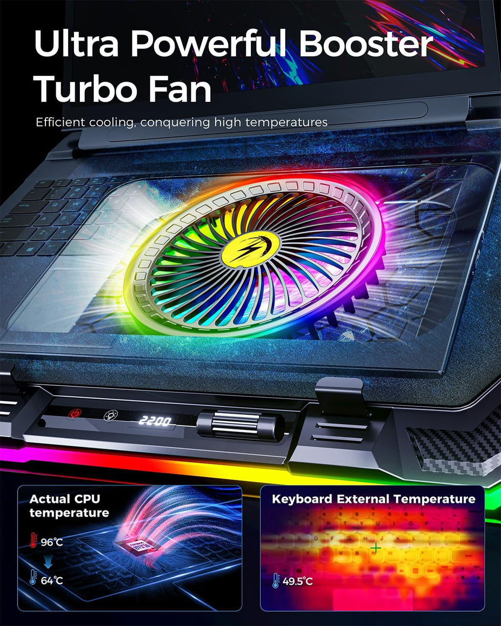 KeiBn Gaming Laptop Cooling Pad, Laptop Fan Cooling Pad with 5.5inch RGB External Fan, Rapid Cooling Laptop 15.6-19.3inch, 8 Height Stands, 2 USB Ports, Phone Holder-K1 5V RGB