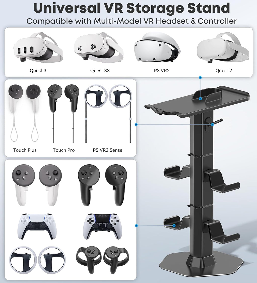 Headphone & Controller Stand with VR Headset Holder for Desk, Universal Gaming Controller & Headset Holder for PS5/Xbox/PSVR2/Meta Quest Pro/3/2, Headphone/Controller/VR Storage with Cable Organizer
