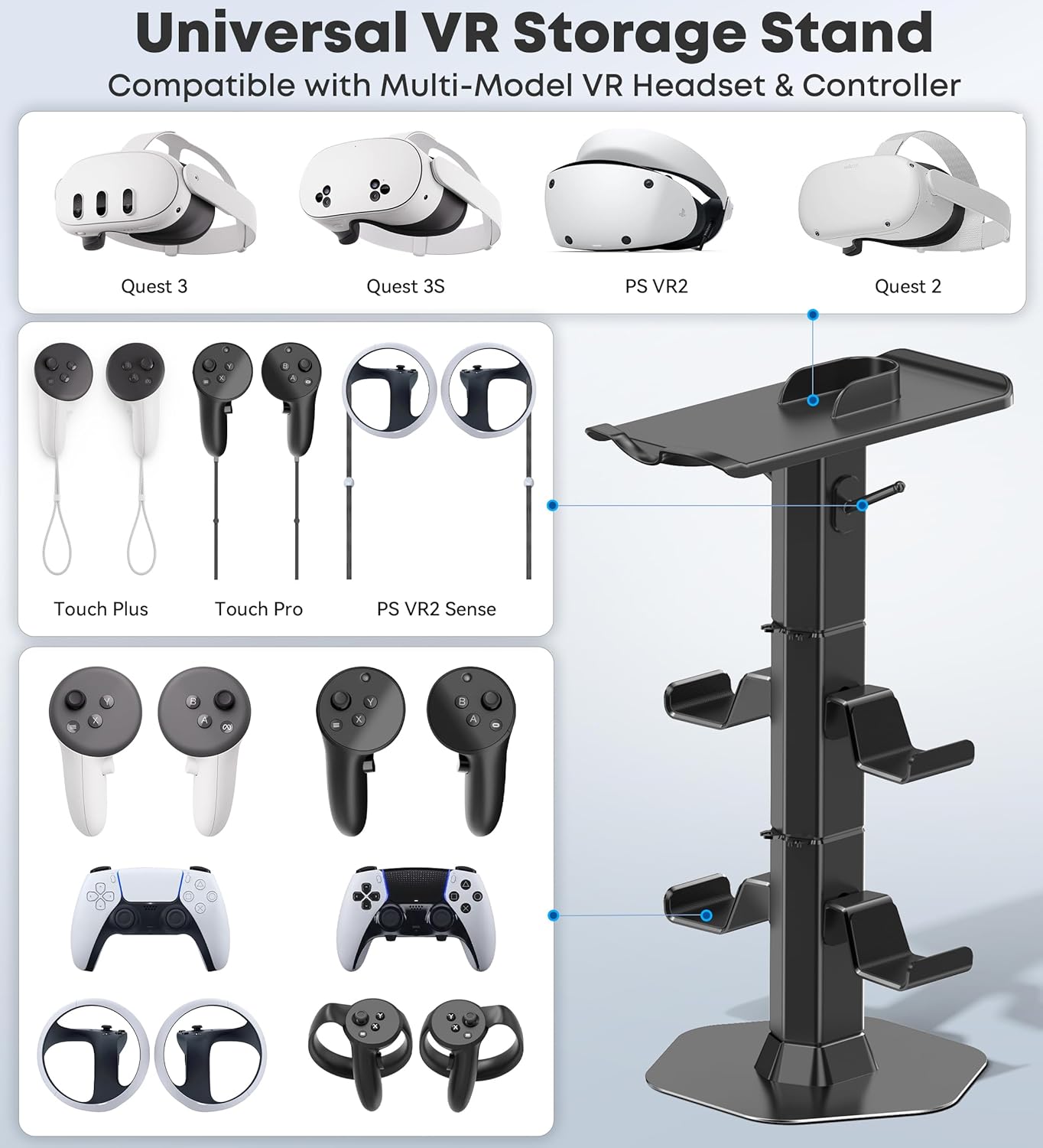 Headphone & Controller Stand with VR Headset Holder for Desk, Universal Gaming Controller & Headset Holder for PS5/Xbox/PSVR2/Meta Quest Pro/3/2, Headphone/Controller/VR Storage with Cable Organizer