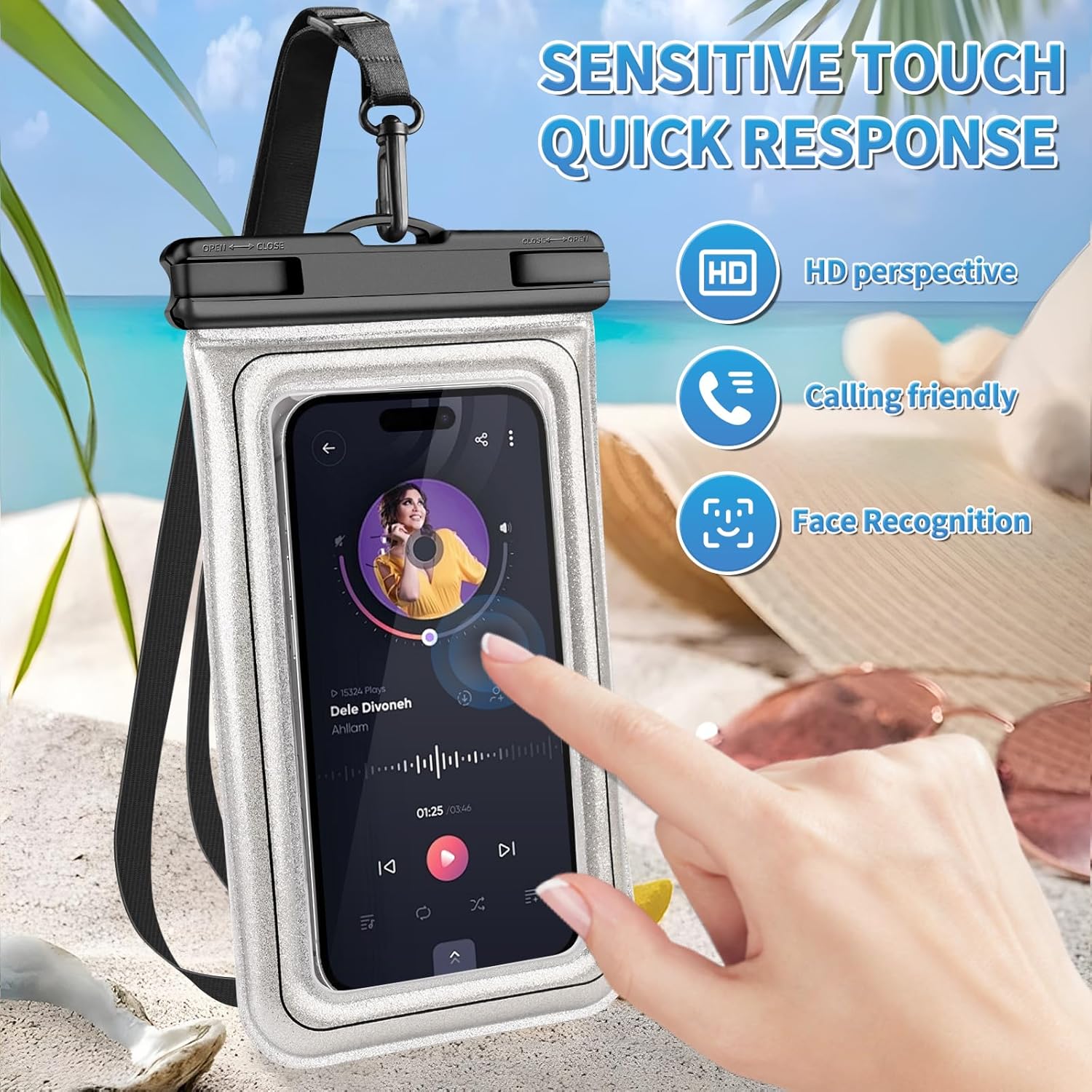 Floating Waterproof Phone Pouch, IPX68 Waterproof Phone Case with Lanyard for iPhone 16 15 14 13 Pro Max Samsung S25 S24 S23 S22, Up to 7", Beach Vacation Essentials, Glitter Silver