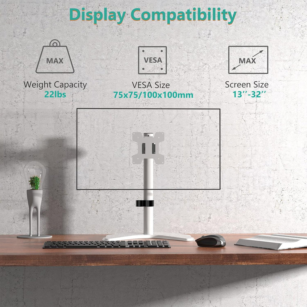 WALI Single Monitor Stand, Free Standing Desk Stand with Mounting Holes 75 to 100, Fully Adjustable Mount Fits One Screen up to 32 inch (MF001-W), White
