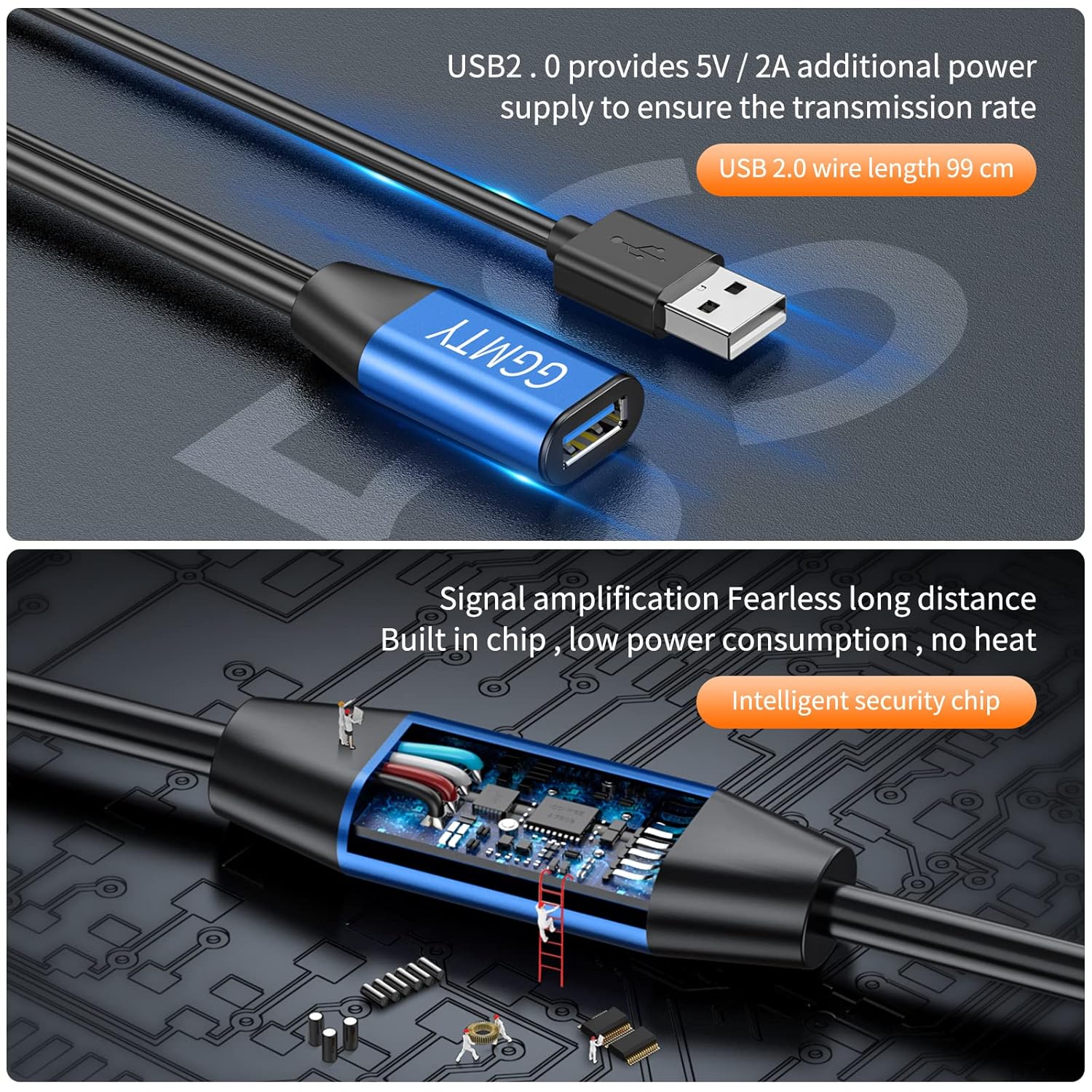 USB 2.0 Type A Male to A Female Active Repeater Extension Cable 65ft, High Speed 480 Mbps