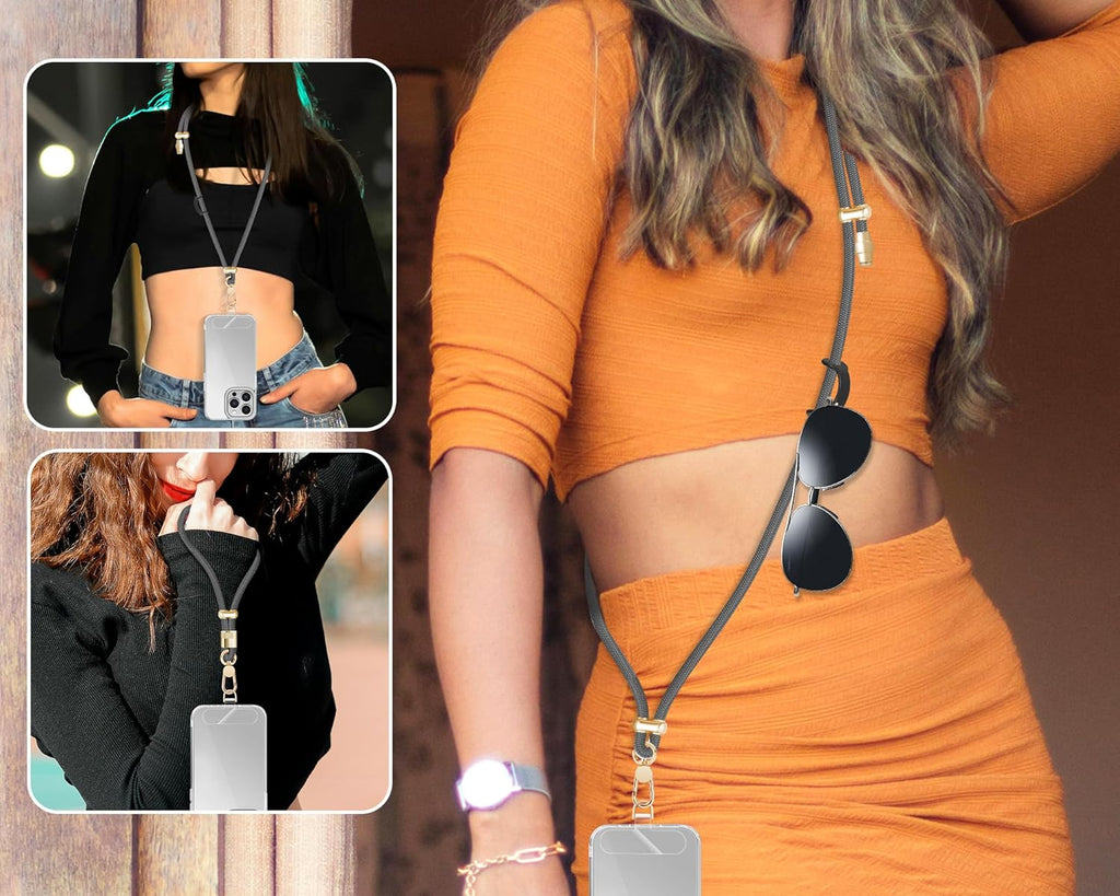 Cell Phone Lanyard Adjustable Crossbody Phone Lanyard *1 Phone Wrist Strap *1 with Deluxe Gold Matal Buckle + Clear Tether Tabs *2 for Shopping Travelling Hiking(BLACKGRAY)