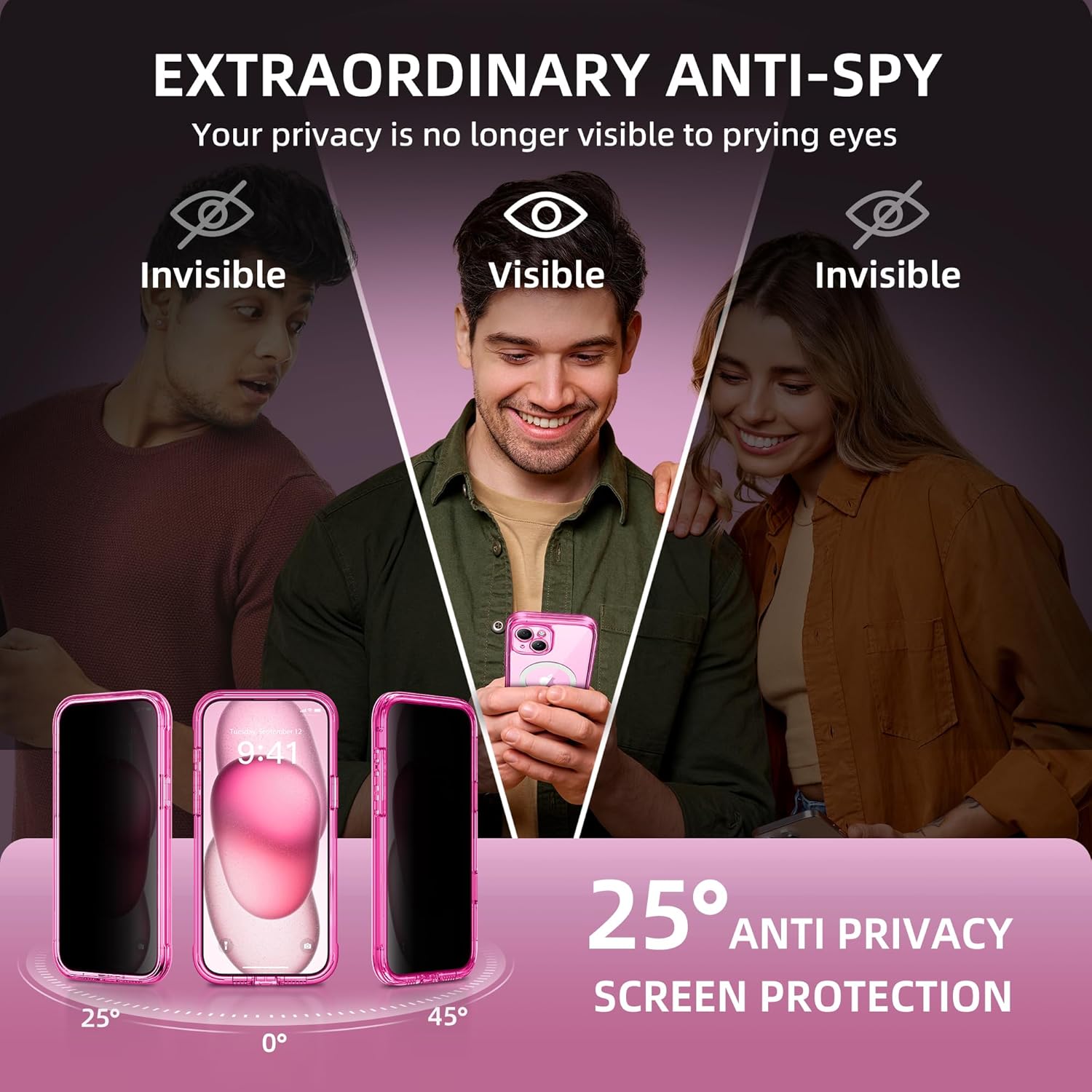 Magnetic for iPhone 15 Plus Case, Compatible with MagSafe, Built-in Privacy Screen Protector and Camera Protection, Anti Spy Full Body Dustproof Shockproof Hard Phone Case 6.7", Bright Pink