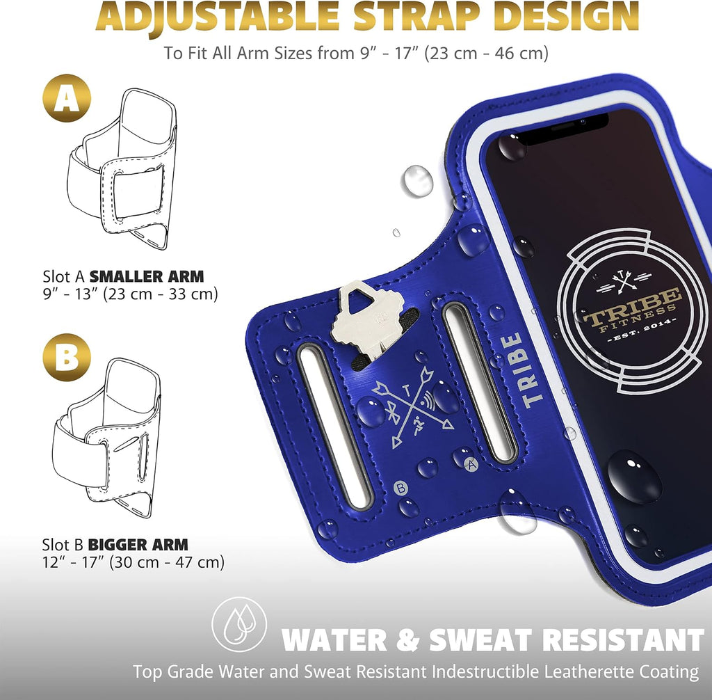 TRIBE Water Resistant Cell Phone Armband Case Running Holder for iPhone Pro Max Plus Mini SE (13/12/11/X/XS/XR/8/7/6/5) Galaxy S Ultra Plus Edge Note (21/20/10/9/8/7/6/5) Adjustable Strap & Key Pocket