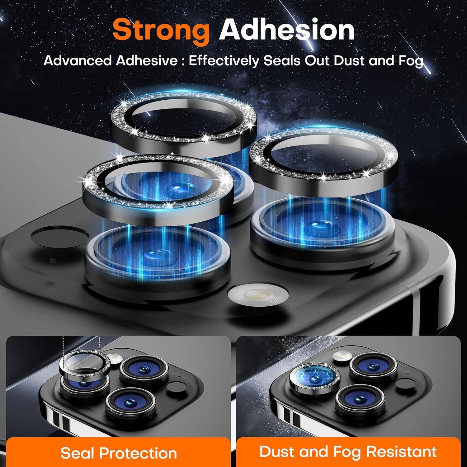 Camera Lens Protector for iPhone 16 Pro Max/16 Pro/15 Pro Max/15 Pro/14 Pro Max/14 Pro, Sapphire Glass Metal Individual Camera Cover Screen, Anti-drop, Case Friendly- Glitter Black Titanium
