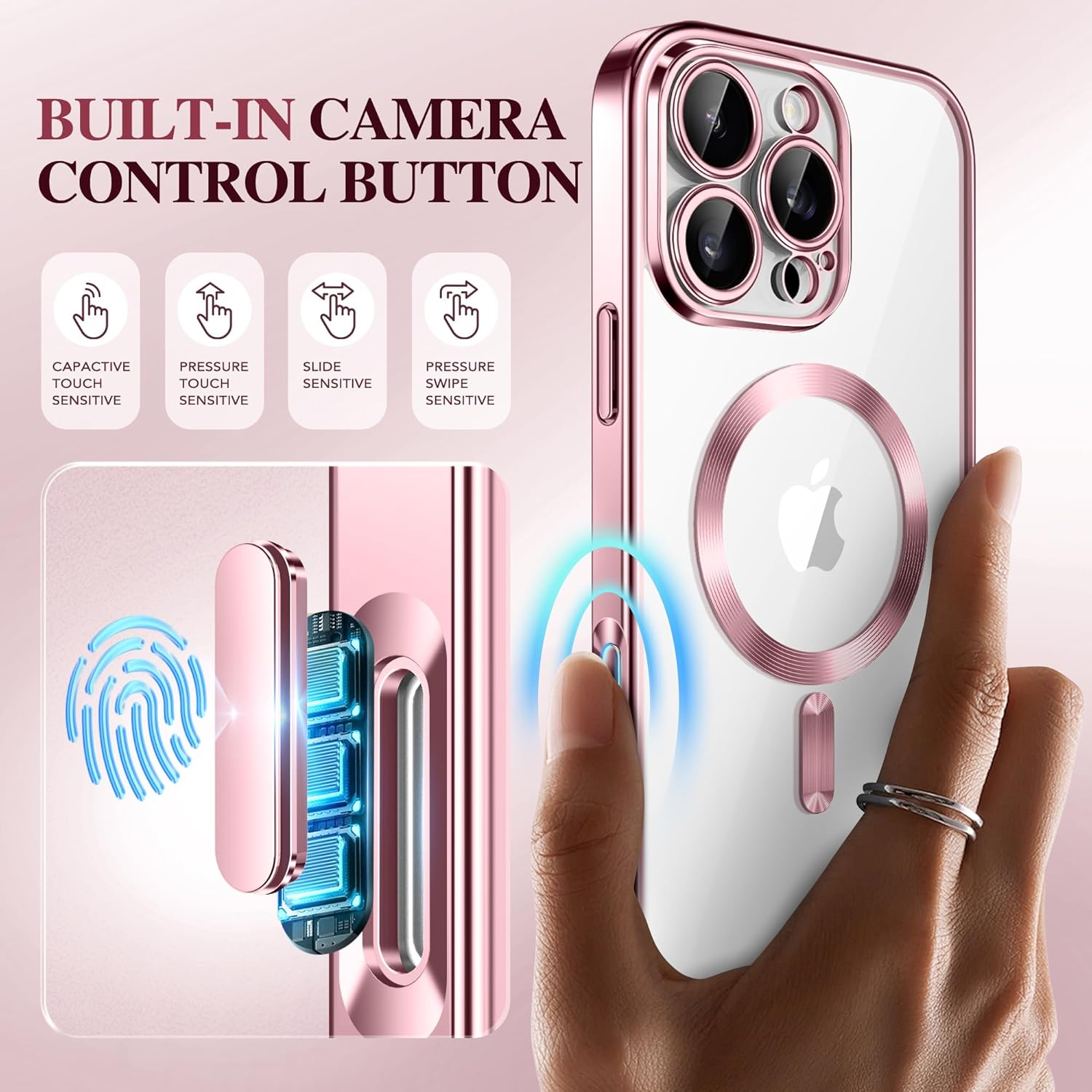 BERFY Magnetic for iPhone 16 Pro Case, Compatible with Magsafe, Built-in 9H Tempered Glass Screen Protector & Upgraded Camera Protection, Full-Body Plating Shockproof Phone Case for 16 Pro 6.3", Pink