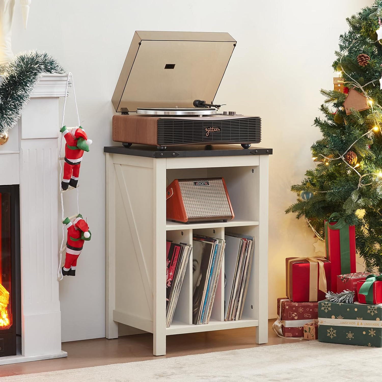 Record Player Stand with Vinyl Record Storage Holds up to 160 Albums,Large Wood Record Player Table，White Turntable Stand Cabinet Dispaly Shelf for Living Room,Bedroom,Office