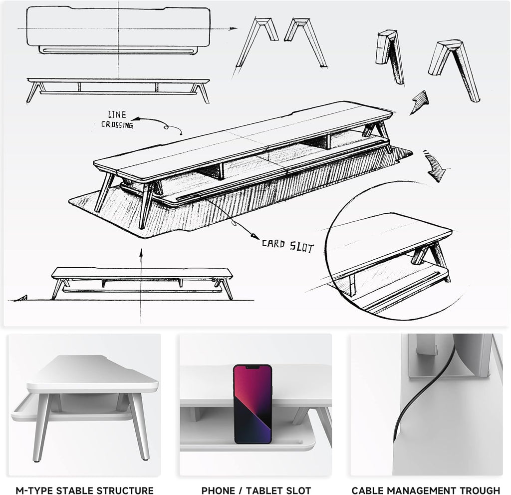 Fenge Dual Monitor Stand, Monitor Stands Riser for 2 monitors, 42.5 Inch Wood Desk Shelf with Storage Organizer and Cable Management for Office Desk Accessories