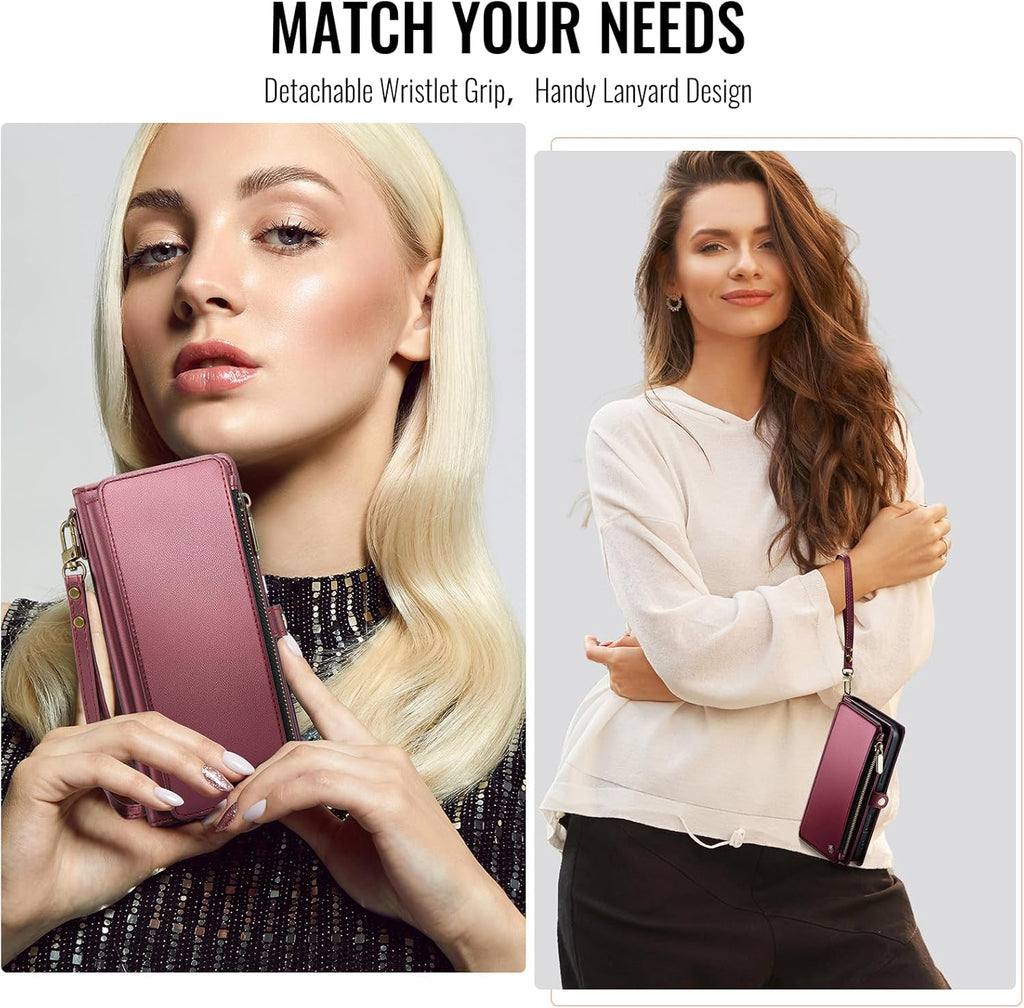 Defencase for Galaxy A26 5G Case Wallet with RFID Blocking Card Holder for Women Men, Fashion PU Leather Magnetic Snap Flip Zipper Wrist Strap Wallet Phone Case for Samsung Galaxy A26 5G, Wine Red